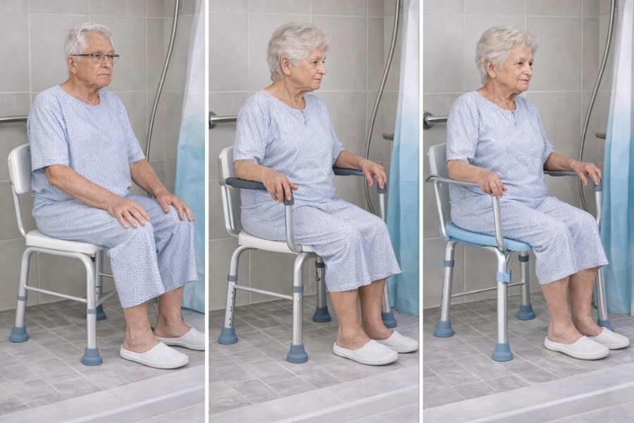 Seniorin nutzt einen Duschstuhl sicher im Badezimmer zur Unterstützung beim Duschen
