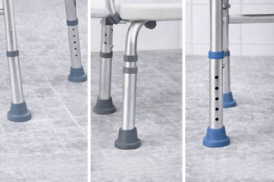 Sicherheitsmerkmale von Duschstühlen: rutschfeste Standfüße, stabile Rahmenkonstruktion und Höhenverstellung
