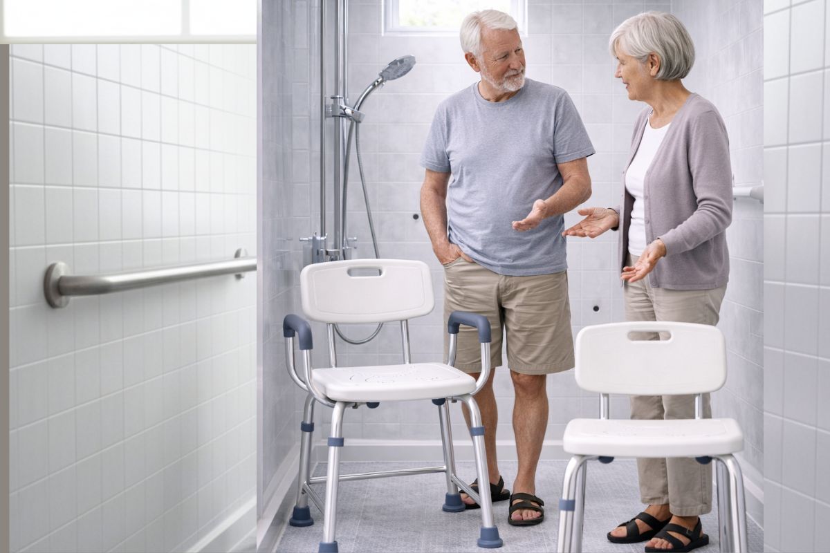 Älteres Ehepaar betrachtet einen Duschstuhl im Badezimmer, um eine Kaufentscheidung für ein sicheres Duschmodell zu treffen