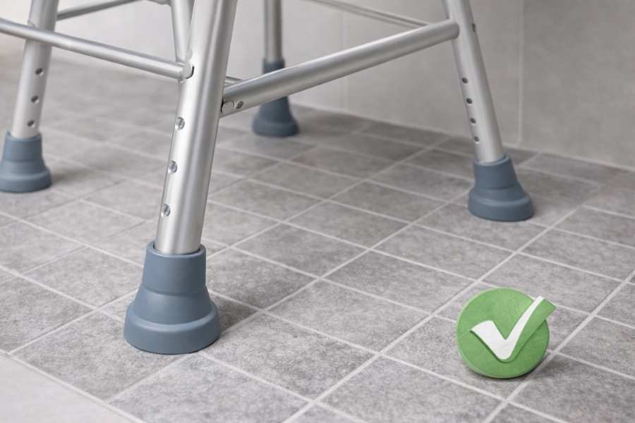 Rutschfeste Standfüße eines Duschstuhls auf glattem Badezimmerboden