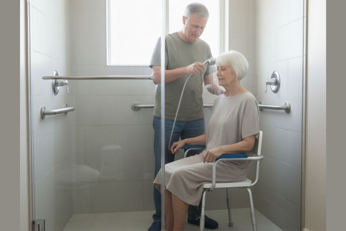Senioren benutzen einen Duschstuhl sicher in einer barrierefreien Dusche