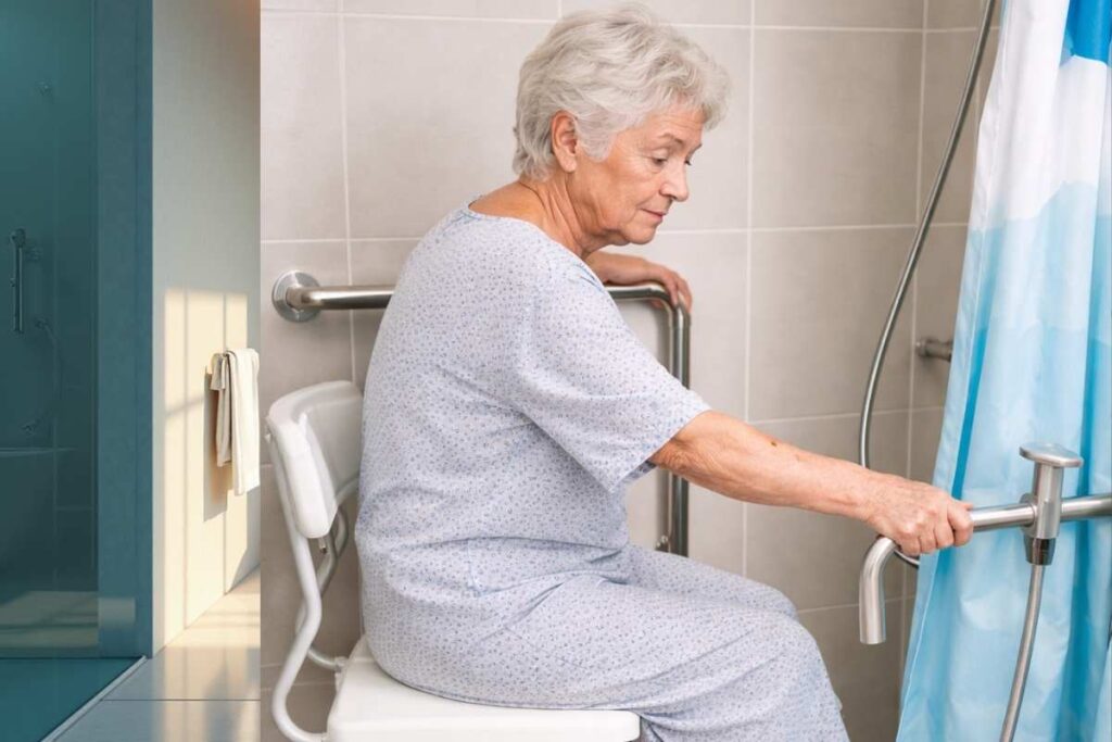 Seniorin sitzt sicher auf einem Duschstuhl während des Duschens