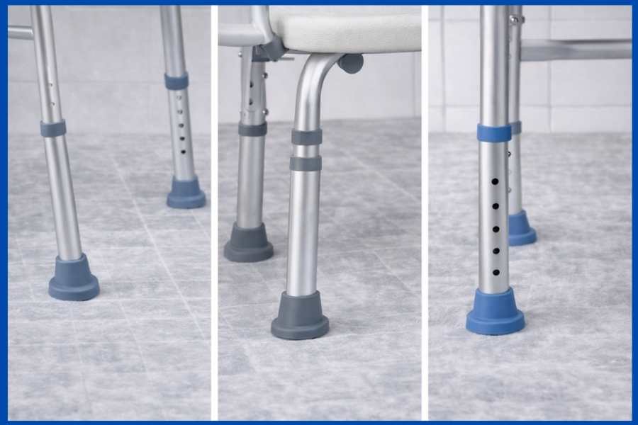 Rutschfeste Standfüße und stabile Konstruktion eines Duschstuhls
