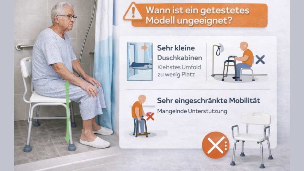 Ungeeigneter Duschstuhl bei sehr kleiner Duschkabine und eingeschränkter Mobilität