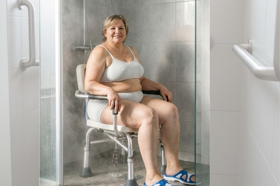 Senior mit Übergewicht nutzt einen stabilen bariatrischen Duschstuhl unter der Dusche

