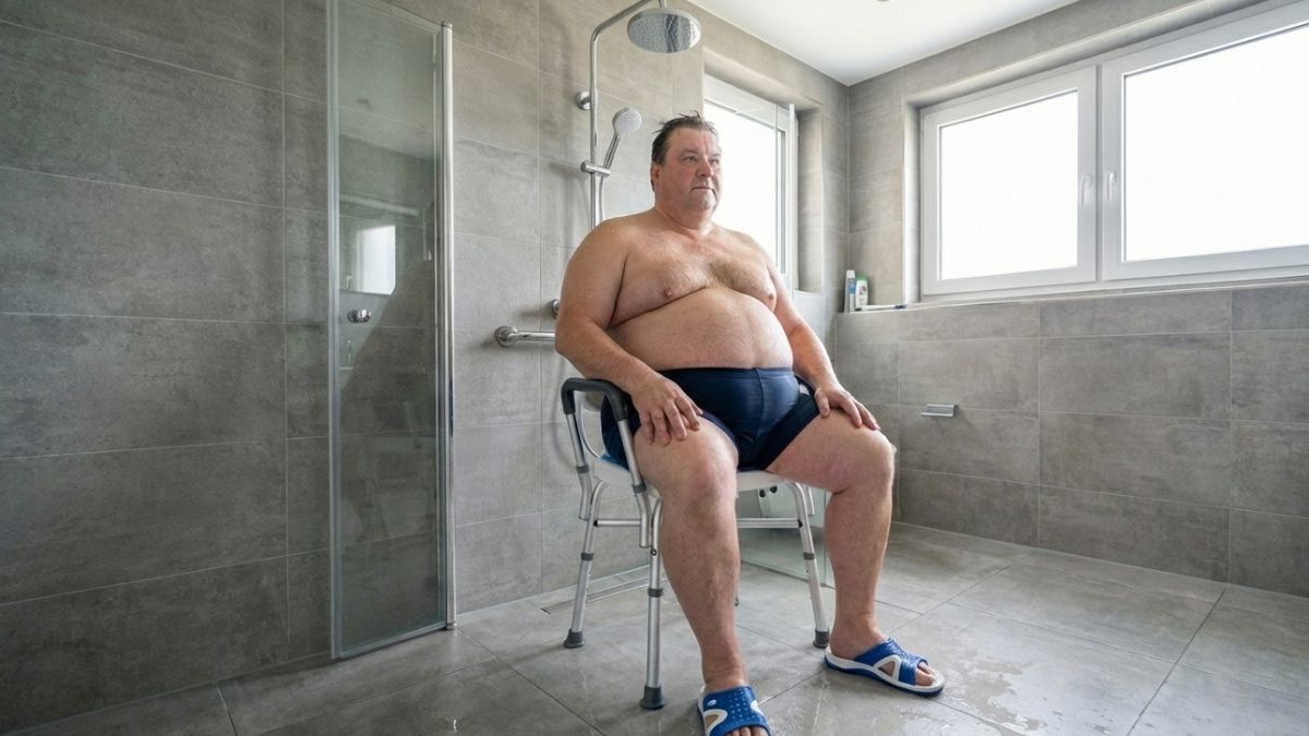 Übergewichtiger Senior sitzt sicher auf einem bariatrischen Duschstuhl in der Dusche