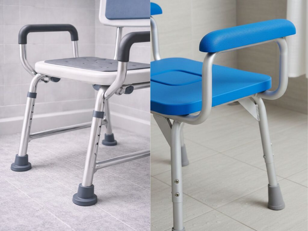 Detailaufnahme eines Duschstuhls mit Armlehnen und rutschfesten Standfüßen