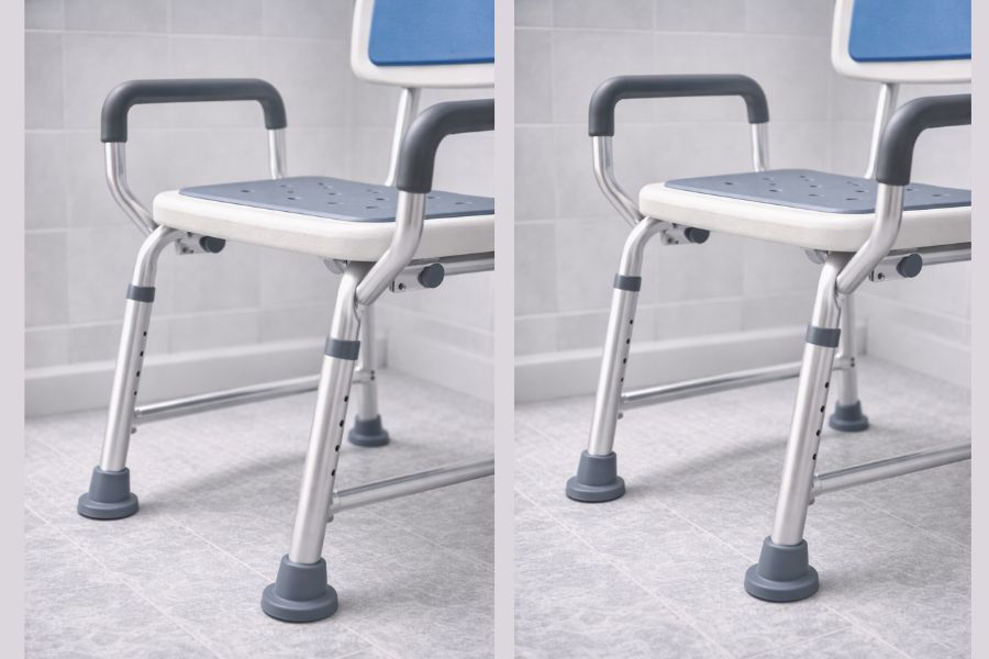 Höhenverstellung und rutschfeste Standfüße eines Duschstuhls