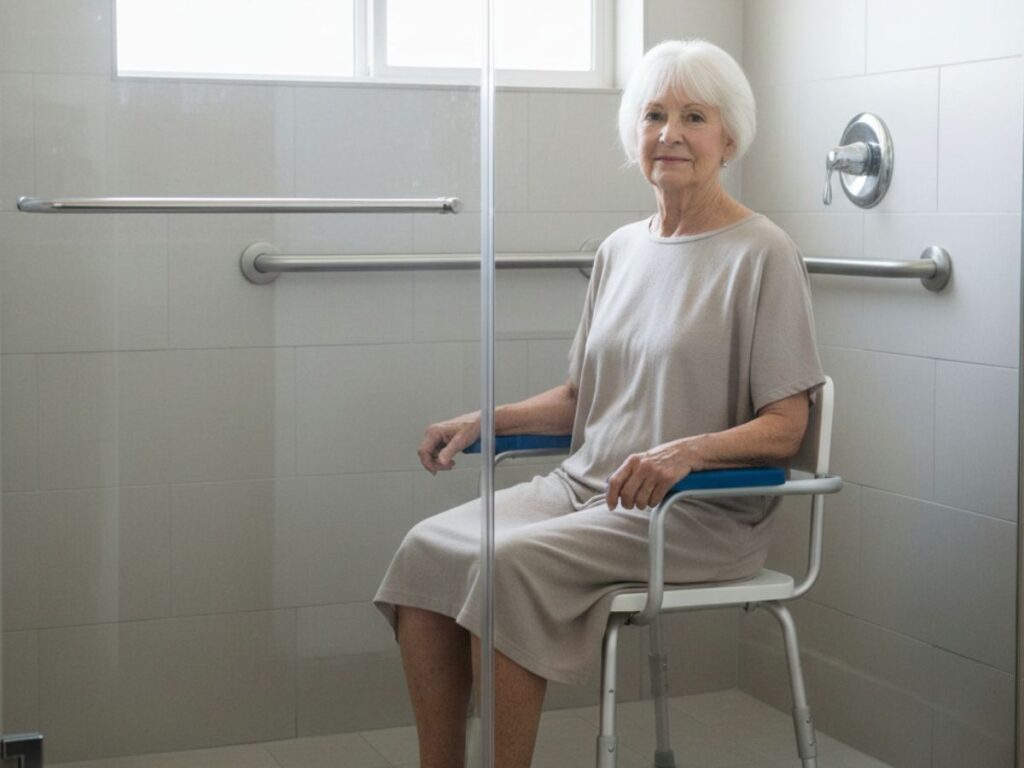 Senior benutzt einen Duschstuhl mit Armlehnen sicher in der Dusche