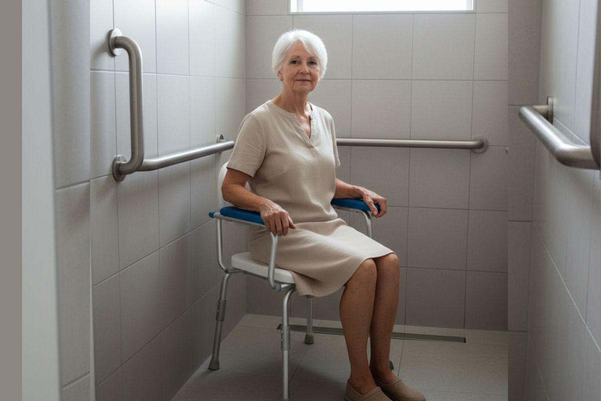 Seniorin sitzt sicher auf einem Duschstuhl mit Armlehnen in der Dusche