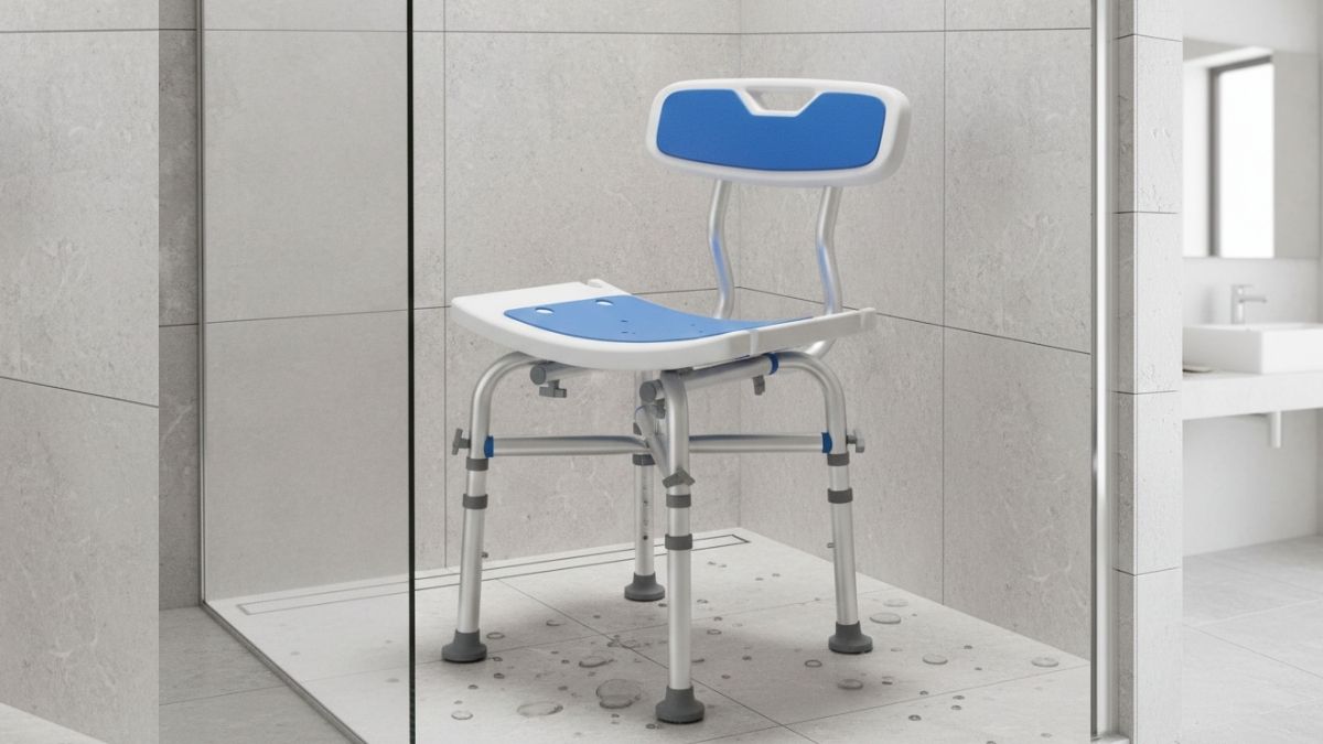 Duschstuhl mit Rückenlehne in einer Dusche mit rutschfesten Füßen und Aluminiumrahmen