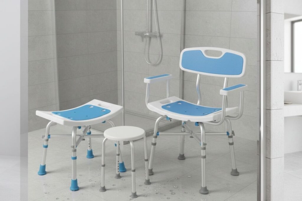 Vergleich zwischen schmalem Duschstuhl und normalem Duschstuhl in einer Dusche