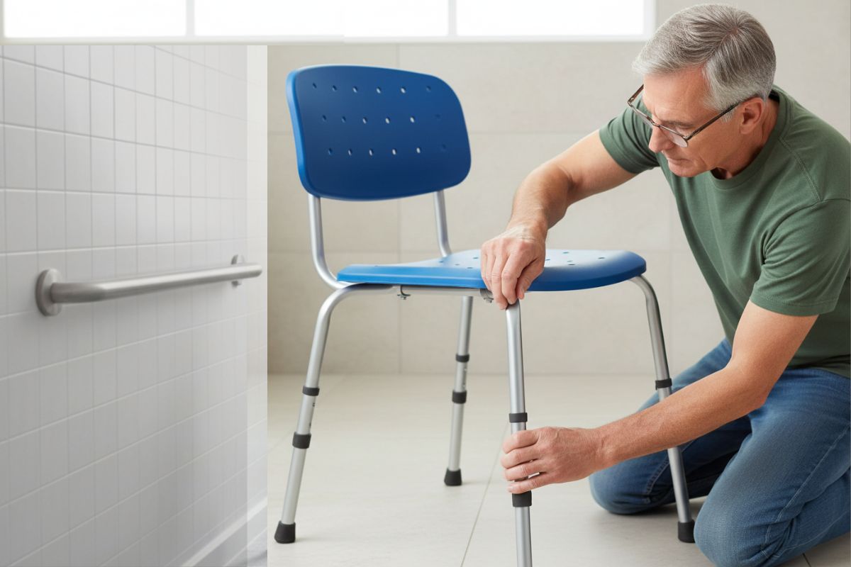 Senior stellt die Höhe eines höhenverstellbaren Duschstuhls im Badezimmer ein