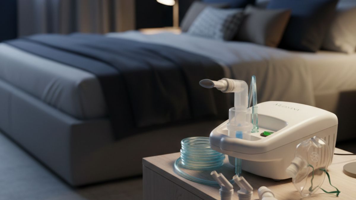 Leiser Inhalator für Senioren in ruhiger nächtlicher Umgebung