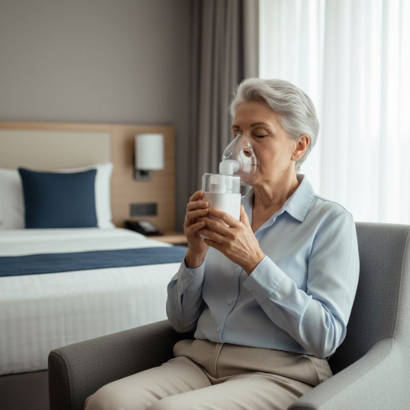 Senior verwendet Inhalator unterwegs in ruhiger Umgebung
