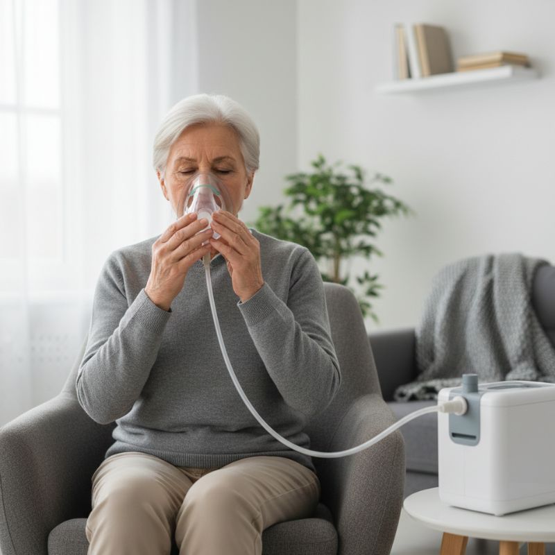 Senior verwendet Inhalator in aufrechter Sitzposition
