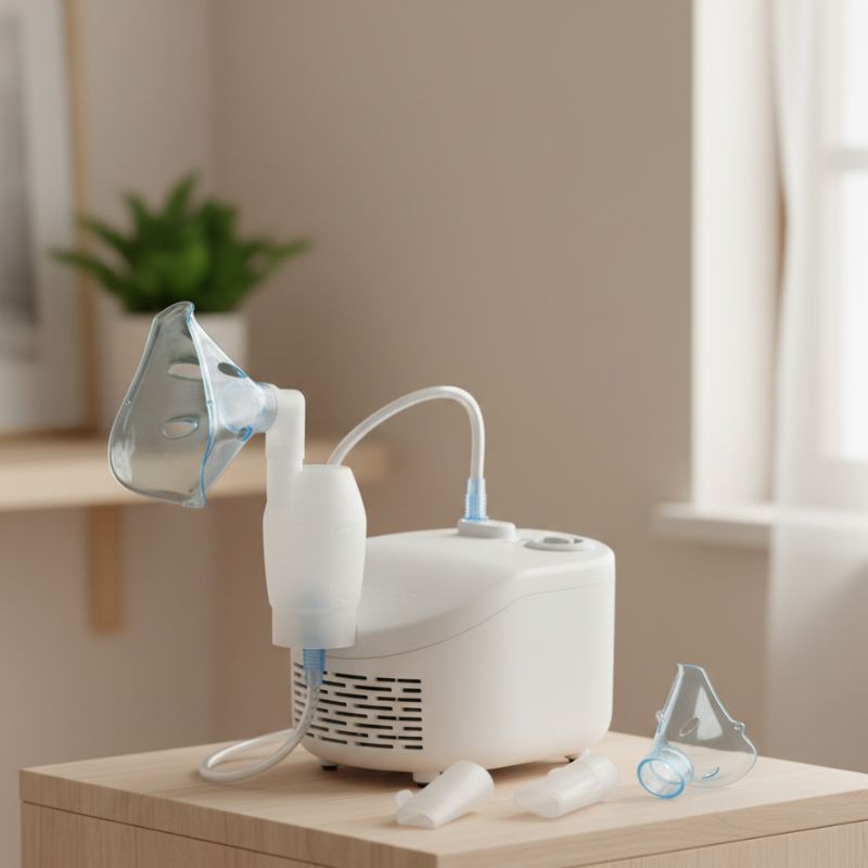 Kompressor-Inhalator mit Schlauch und Maske im häuslichen Einsatz