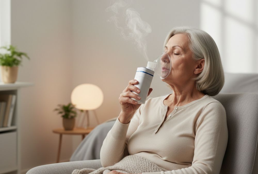 Seniorin nutzt einen leisen Inhalator in ruhiger Umgebung

