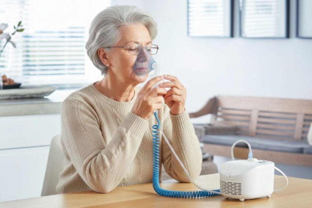 Seniorin benutzt ein Inhalationsgerät im Alltag zu Hause