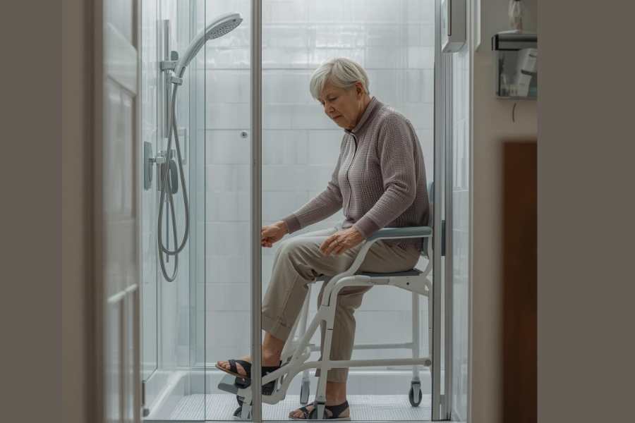 Senior nutzt höhenverstellbaren Duschstuhl sicher im Badezimmer